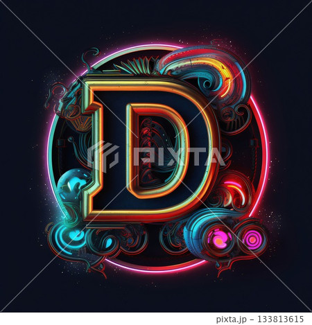 Neon letter D in futuristic style on the dark background. 3d rendering 133813615