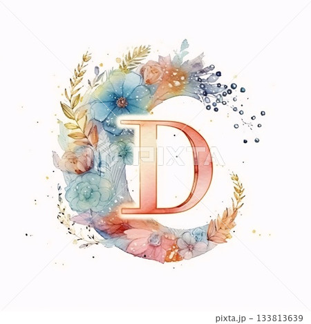 Watercolor letter D with flowers, leaves and berries on white background 133813639