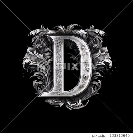 Luxury silver capital letter D with ornament on black background. Luxury silver capital letter D with ornament on black background. 133813640