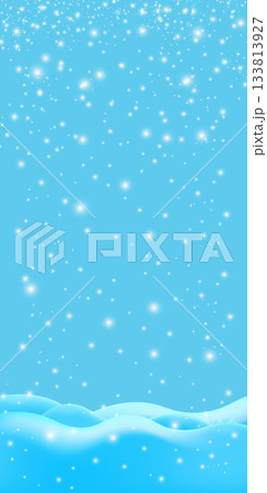 Realistic cartoon snow hills with falling snowflakes and blue sky vertical background. Winter vertical landscape design element with blue snow. Minimal nature composition snowy fields and falling snow 133813927