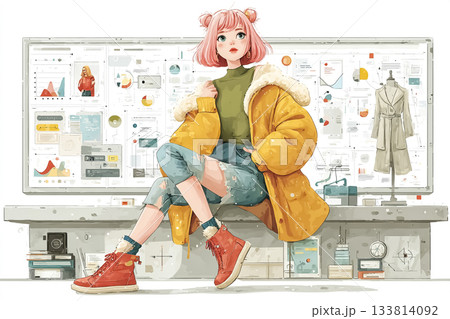 絵美シリーズ：未来パネル前でくつろぐカジュアル学生スタイル（AIサイバー少女） 133814092