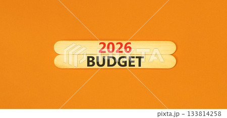 2026 Budget symbol. Concept words 2026 Budget on beautiful wooden sticks. Beautiful orange paper background. Business and 2026 budget concept. Copy space. 133814258