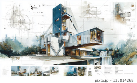 Collage of architectural drawings, sketches and watercolor landscapes Collage of architectural drawings, sketches and watercolor landscapes 133814269