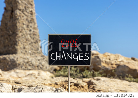 2026 Changes symbol. Concept words 2026 Changes on beautiful black blackboard. Beautiful stone and blue sky background. Business and 2026 changes concept. Copy space. 2026 Changes symbol. Concept words 2026 Changes on beautiful black blackboard. Beautiful stone and blue sky background. Business and 2026 changes concept. Copy space. 133814325