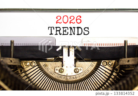 2026 Trends new year symbol. Concept words 2026 Trends typed on beautiful old retro typewriter. Beautiful white background. Beautiful old typewriter. Business 2026 Trends new year concept. Copy space. 133814352