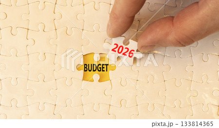 Budget 2026 symbol. Concept words Budget 2026 on beautiful white puzzles. Beautiful white puzzles background. Businessman's hand. Business and budget 2026 concept. Copy space. 133814365