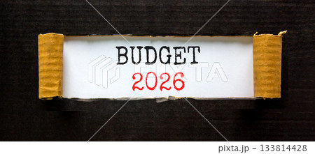 Budget 2026 symbol. Concept words Budget 2026 on beautiful white paper. Beautiful black paper background. Business and budget 2026 concept. Copy space. Budget 2026 symbol. Concept words Budget 2026 on beautiful white paper. Beautiful black paper background. Business and budget 2026 concept. Copy space. 133814428
