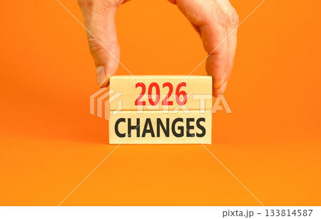 2026 Changes symbol. Concept words 2026 Changes on beautiful wooden blocks. Beautiful orange paper background. Businessman's hand. Business and 2026 changes concept. Copy space. 133814587