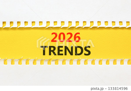 2026 Trends new year symbol. Concept words 2026 Trends on beautiful yellow paper. Beautiful white paper background. Business and 2026 Trends new year concept. Copy space. 133814596