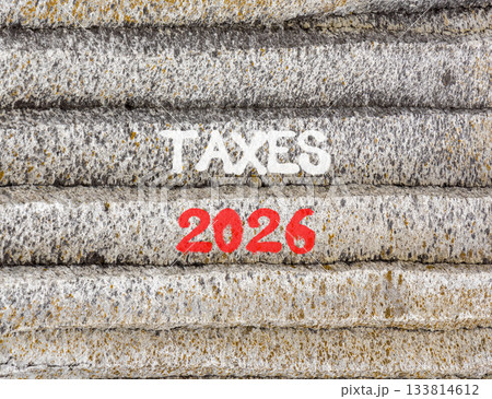 Taxes 2026 new year symbol. Concept words Taxes 2026 on beautiful grey mountain wall. Beautiful grey mountain wall background. Business and taxes 2026 new year concept. Copy space. Taxes 2026 new year symbol. Concept words Taxes 2026 on beautiful grey mountain wall. Beautiful grey mountain wall background. Business and taxes 2026 new year concept. Copy space. 133814612