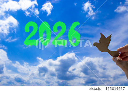 Business concept of 2026 new year symbol. Concept number 2026 Happy new year on blue sky. Businessman's hand with wooden bird. Beautiful sky background. Business 2026 happy new year concept Copy space Business concept of 2026 new year symbol. Concept number 2026 Happy new year on blue sky. Businessman's hand with wooden bird. Beautiful sky background. Business 2026 happy new year concept Copy space 133814637
