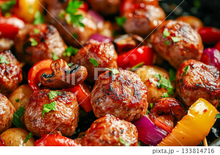Juicy meatballs seared to perfection with fresh vegetables like peppers, onions, and mushrooms, ready for a summer meal 133814716