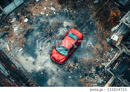 A red car sits alone in an abandoned lot filled with rubble and scattered leaves, illuminated by natural daylight A red car sits alone in an abandoned lot filled with rubble and scattered leaves, illuminated by natural daylight 133814723