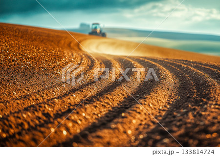 Tractors cultivate curved lines in rich brown soil under a vibrant sky, showcasing the beauty of agriculture in the countryside 133814724