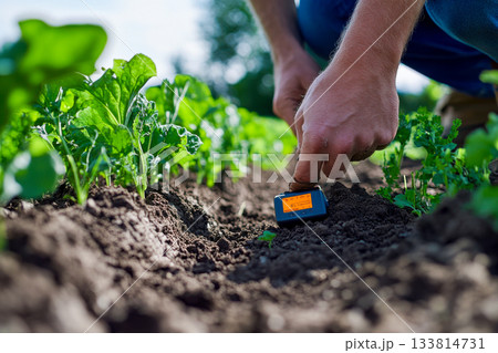 A gardener kneels down to test soil moisture levels in a vegetable garden filled with healthy greens under bright sunlight A gardener kneels down to test soil moisture levels in a vegetable garden filled with healthy greens under bright sunlight 133814731