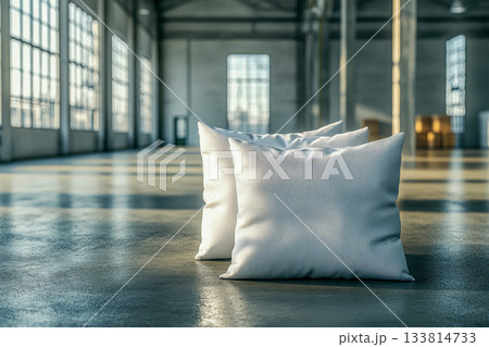 Bright sunlight shines through large windows, illuminating white cushions arranged neatly on a polished concrete floor in a spacious room Bright sunlight shines through large windows, illuminating white cushions arranged neatly on a polished concrete floor in a spacious room 133814733