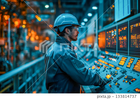 Worker in hard hat and safety glasses observes control panel, ensuring machinery operates smoothly in a busy factory environment 133814737