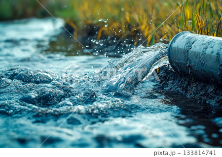 Water spills from a metal pipe into a small stream, creating ripples as it joins the flowing water, with surrounding grass swaying gently 133814741