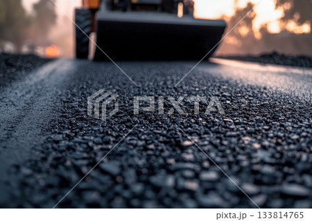Workers are paving a new road as a machinery roller compacts fresh asphalt under the warm glow of dawn Workers are paving a new road as a machinery roller compacts fresh asphalt under the warm glow of dawn 133814765