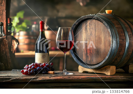 A glass of red wine sits beside fresh grapes and a wooden barrel in a cozy winery, illuminated by soft, warm lighting A glass of red wine sits beside fresh grapes and a wooden barrel in a cozy winery, illuminated by soft, warm lighting 133814766
