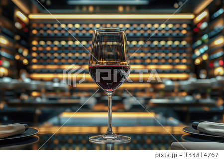 A beautifully designed glass filled with red wine is placed on a table in a chic restaurant, creating a sophisticated atmosphere A beautifully designed glass filled with red wine is placed on a table in a chic restaurant, creating a sophisticated atmosphere 133814767