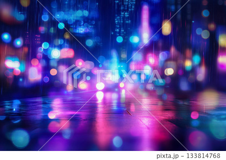 Rain falls softly around vibrant city lights, creating a magical atmosphere on the wet streets at night in a bustling urban area Rain falls softly around vibrant city lights, creating a magical atmosphere on the wet streets at night in a bustling urban area 133814768