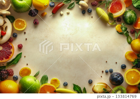 A vibrant collection of fresh fruits and vegetables is creatively arranged on a light surface, showcasing nature's colorful bounty A vibrant collection of fresh fruits and vegetables is creatively arranged on a light surface, showcasing nature's colorful bounty 133814769