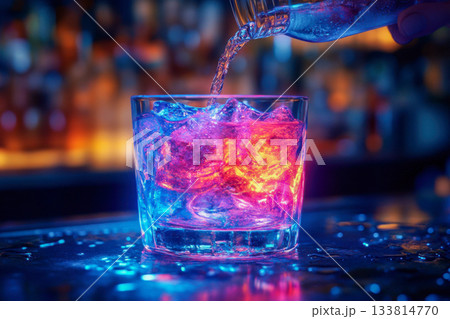 A bartender pours clear liquid over ice in a glass, creating colorful reflections in a lively bar during the evening 133814770