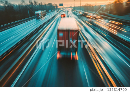 A heavy truck travels fast on a busy highway during sunset, creating striking light trails and showcasing an urban landscape A heavy truck travels fast on a busy highway during sunset, creating striking light trails and showcasing an urban landscape 133814790