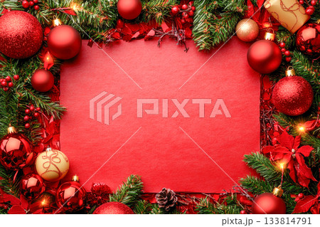 Bright holiday decorations with red ornaments, green pine branches, and red flowers create a cheerful festive border for seasonal events Bright holiday decorations with red ornaments, green pine branches, and red flowers create a cheerful festive border for seasonal events 133814791