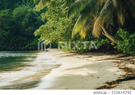 A quiet beach scene features soft sand, clear water, and vibrant greenery under the warm afternoon sun, creating a peaceful atmosphere 133814792