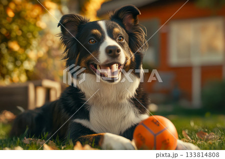 A cheerful border collie rests on the green grass, smiling while holding an orange ball in a colorful autumn backyard setting 133814808