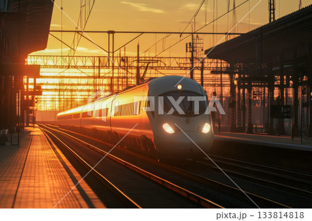 A high-speed train approaches the station at sunset, illuminating the sky with warm colors and casting long shadows on the tracks A high-speed train approaches the station at sunset, illuminating the sky with warm colors and casting long shadows on the tracks 133814818
