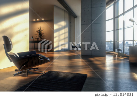 Sunlight streams through large windows in a stylish urban apartment featuring modern furniture and warm wooden floors 133814831