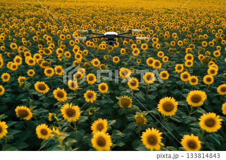 A drone hovers above a vast field filled with bright yellow sunflowers under a clear blue sky during summer 133814843