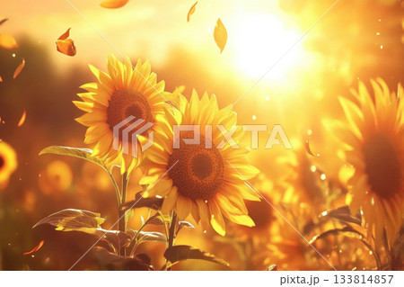 Sunflowers stand tall and vibrant in a field as the sun sets, casting a golden glow and creating a peaceful and warm atmosphere Sunflowers stand tall and vibrant in a field as the sun sets, casting a golden glow and creating a peaceful and warm atmosphere 133814857