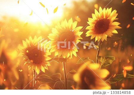 Sunflowers stand tall in a field, basking in warm sunlight as the sun sets, creating a peaceful and scenic view of nature Sunflowers stand tall in a field, basking in warm sunlight as the sun sets, creating a peaceful and scenic view of nature 133814858
