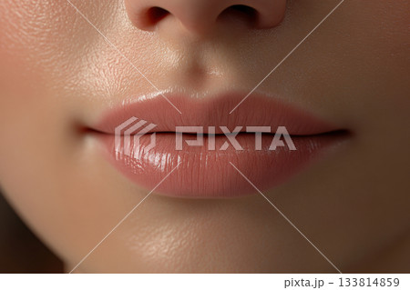 Lips with a soft, natural shade show healthy skin and a fresh, polished look, emphasizing beauty and self-care routines 133814859