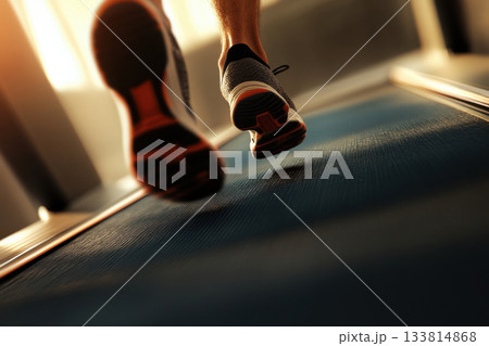 A person jogs on a treadmill inside a gym, capturing the warm light of sunset. The focus is on their shoes and movement, emphasizing fitness 133814868