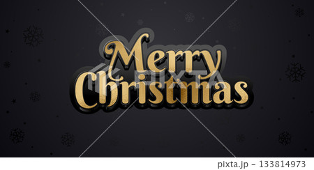 Merry Christmas Typography Golden Text Design on black snowflakes pattern background. Gold letters on black glossy backing. Merry Christmas Holiday Greeting Card, Vector Illustration Background 133814973