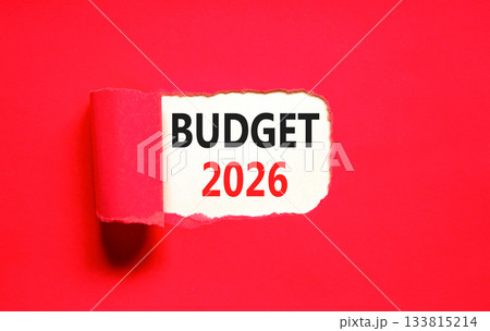Budget 2026 symbol. Concept words Budget 2026 on beautiful white paper. Beautiful red paper background. Business and budget 2026 concept. Copy space. 133815214
