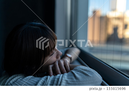 窓辺で物思いにふける若い女性の横顔 窓辺で物思いにふける若い女性の横顔 133815696