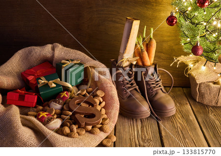 Sinterklaas Eve Traditions. Festive Sinterklaas scene with gifts Sinterklaas Eve Traditions. Festive Sinterklaas scene with gifts 133815770