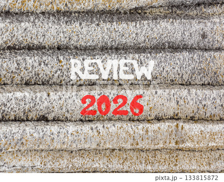 Review 2026 symbol. Concept words Review 2026 on beautiful grey mountain wall. Beautiful grey mountain wall background. Business and review 2026 concept. Copy space. 133815872