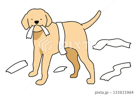 トイレットペーパーを破いていたずらをする　手書きイラスト　犬　ラブラドールレトリバー　主線あり 133815984