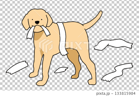 トイレットペーパーを破いていたずらをする　手書きイラスト　犬　ラブラドールレトリバー　主線あり 133815984