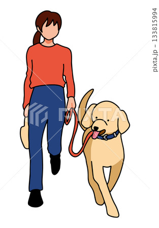 飼い主と散歩をする　手書きイラスト　犬　ラブラドールレトリバー　主線あり 133815994