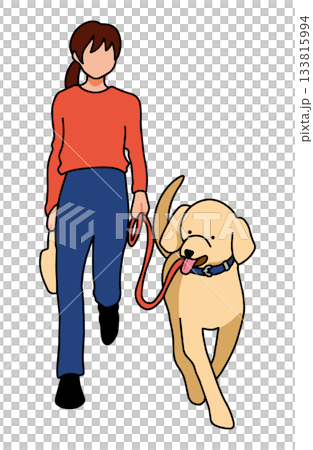 飼い主と散歩をする　手書きイラスト　犬　ラブラドールレトリバー　主線あり 133815994