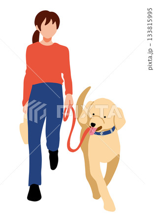 飼い主と散歩をする　手書きイラスト　犬　ラブラドールレトリバー　主線なし 133815995