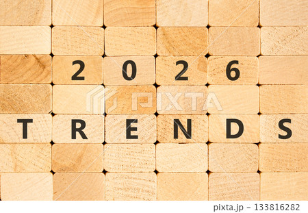 2026 Trends new year symbol. Concept words 2026 Trends on beautiful wooden blocks wall. Beautiful wooden blocks wall background. Business and 2026 Trends new year concept. Copy space. 133816282
